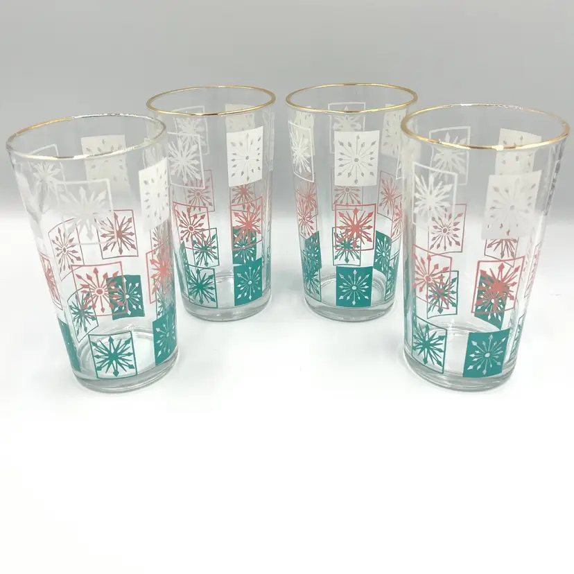 Set of 4 VTG Atomic Era Starburst Glass Tumbler MCM Blue White Pink 12 Oz