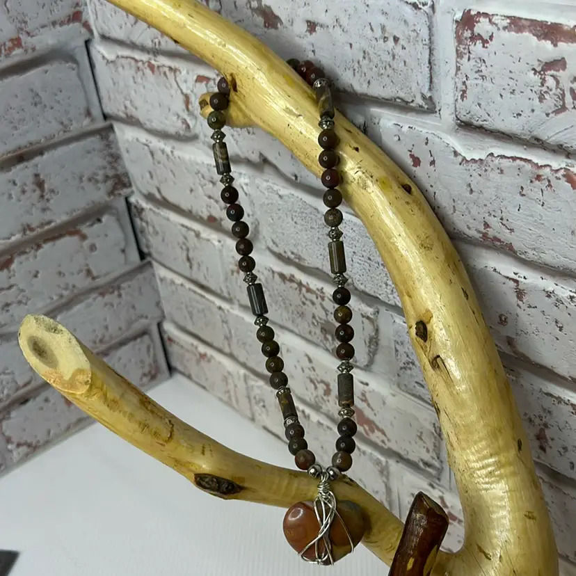 Carelian Agate Heart Shaped Pendant Tangled and Raped in Wired to Hold W/ Multiple Stones Beads “9 Long