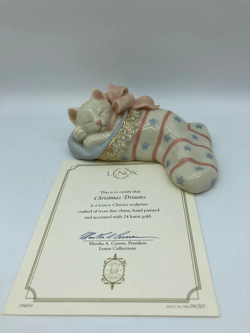 Lenox Christmas Dreams Cat Stocking 24kt Gold Pink Blue 5" Kitty Sleeping Kitten