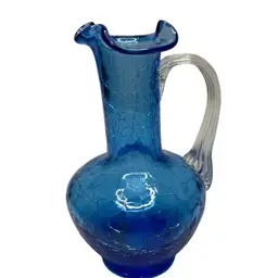 Vintage Kanawha Cobalt Blue @5 1/2” Tall Mini Pitcher With Applied Clear Handle
