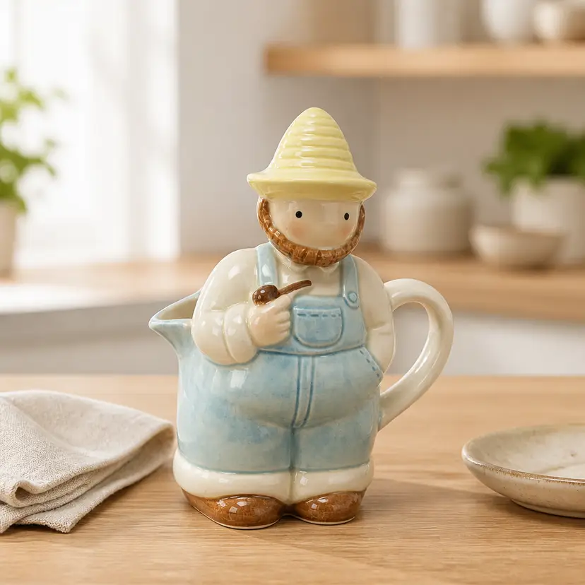 Vintage Otagiri Japan Ceramic Creamer Shaped Like Farmer in Blue Overalls, 5.5"