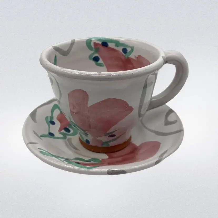 Redware Art Pottery Small Teacup And Saucer Hand Painted Demitasse