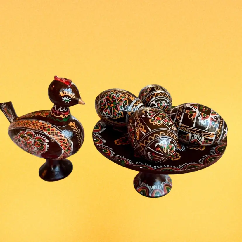 Vintage Set Of Hungarian Handpainted, Wood Chicken 4” Compote 4” Four Eggs