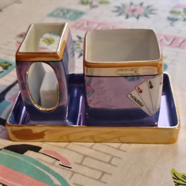 Vintage Lusterware Hostess Smoking Set | Shiny Blue and Peach Luster with Playing Card Design | Cigarette Box and Match Safe | 1920s Noritake Royal Crockery Line Made in Japan