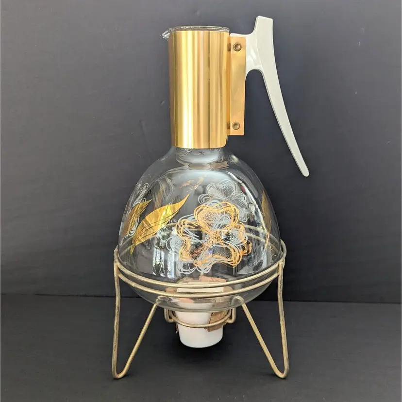 Mid Century Atomic Culver Coffee Carafe & Stand Gold Flower and Leaf Design READ