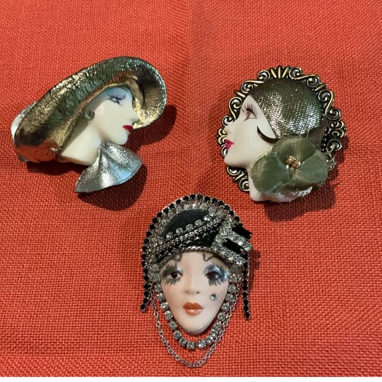 Lot Of Three Gorgeous Lady Brooches From 20s Through Early 50s . Possibly Handmade.  Ceramic !