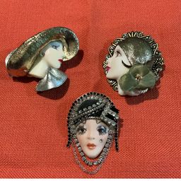 Lot Of Three Gorgeous Lady Brooches From 20s Through Early 50s . Possibly Handmade.  Ceramic !