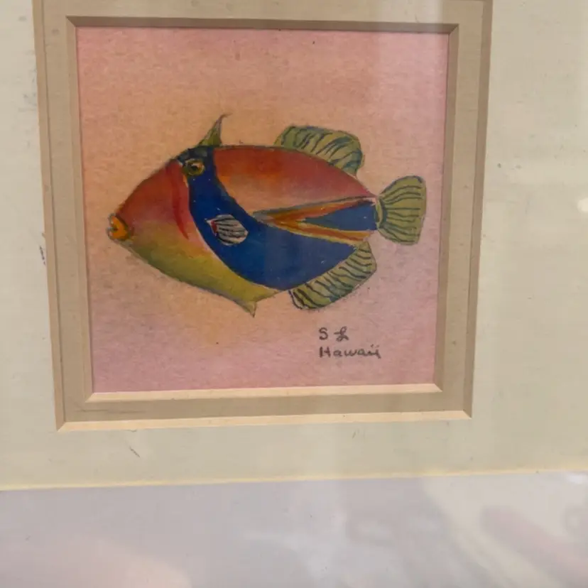 #22 Signed Hand Painted Multicolor Fish Painting With Frame 11”