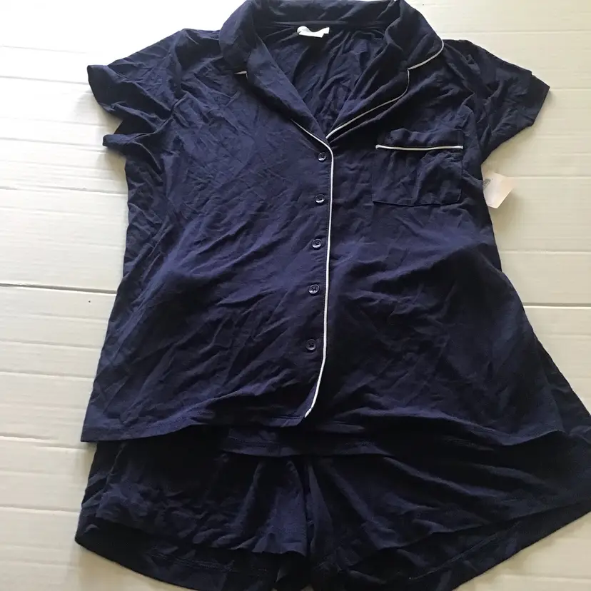 NWT Navy Blue Shimera Woman’s Button Up Lounge Pajama Set Shorts And Top Size S
