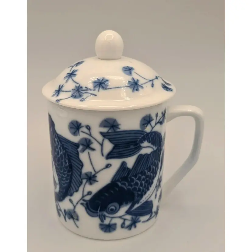 Asian Koi Fish Coffee/Tea Mug With Lid 12oz Hand Painted Porcelain Blue White