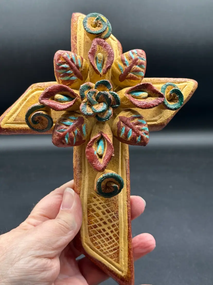 8" X 6" Decorated Clay Pottery Religious Cross 3D Lilies Flowers Mexico Folk Art