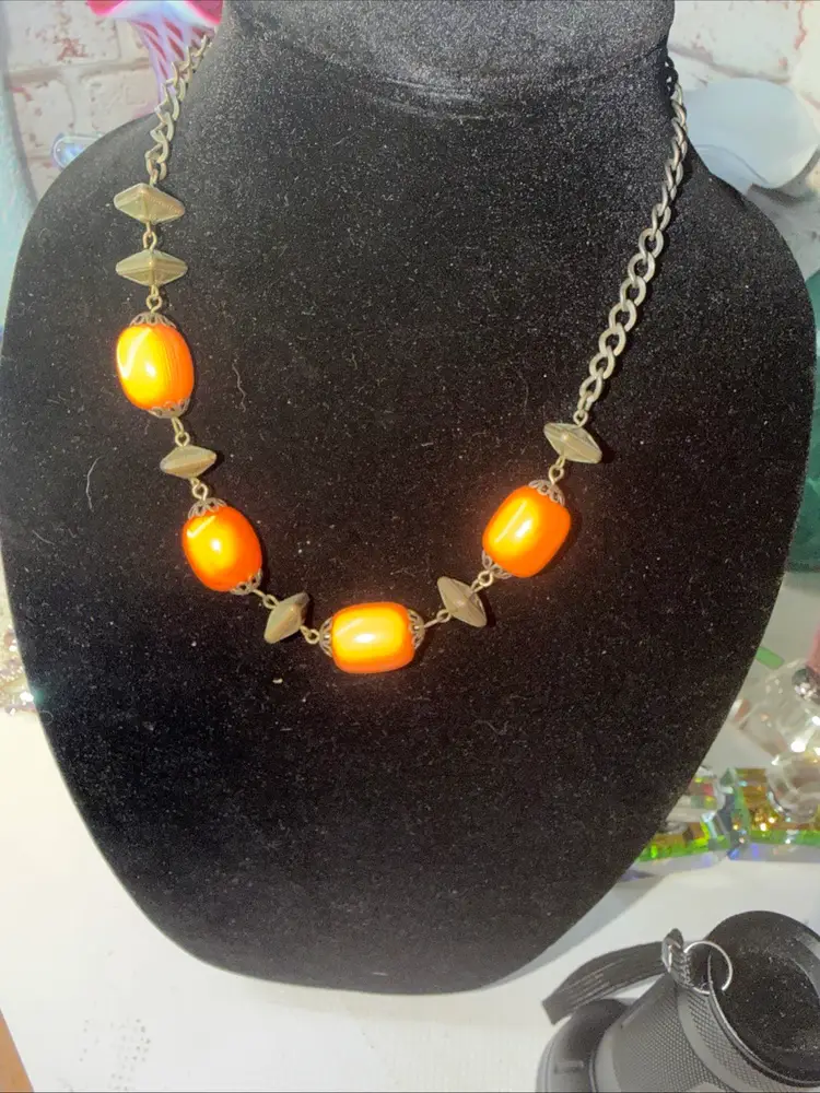 Vintage UV Reaction orange brown bead statement boho necklace