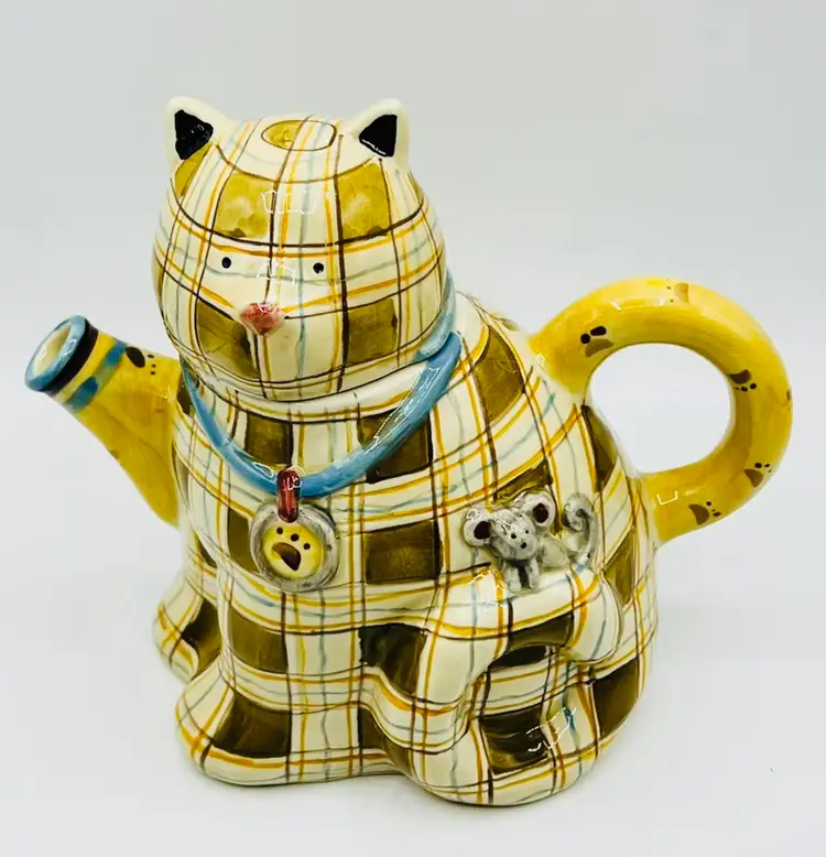 Sakura Plaid Kitty Cat Ceramic Teapot Debbie Mumm 