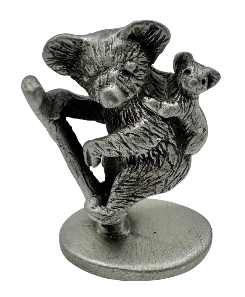Vintage Pewter Koala Mother and Baby Figurine Branch Silver Toned Metal 1.5”