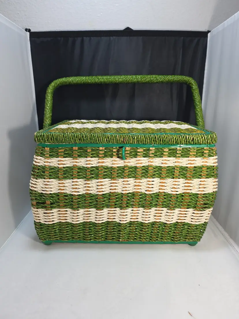 Vintage Penneys Wicker Sewing Basket Green White With Handle Satin Interior