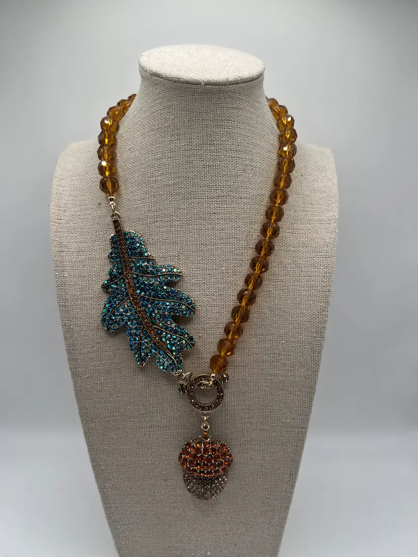 Statement Rhinestone Leaf Necklace Amber Glass Beads Acorn Pendant