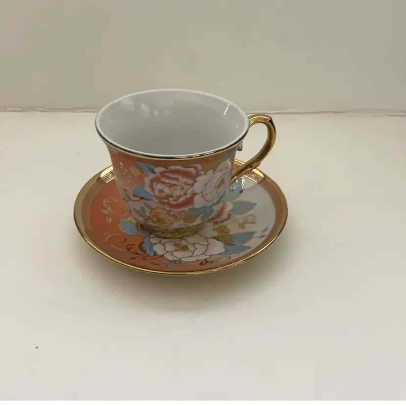 Decorative Porcelain Gold Colored & Floral Teacup