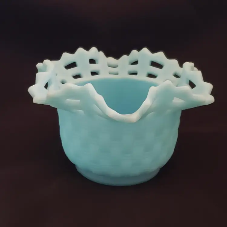 Art Glass Bowl Vase Blue Satin Basket Weave Rose Fenton Signed 3¼" Tall 5¼" Diameter