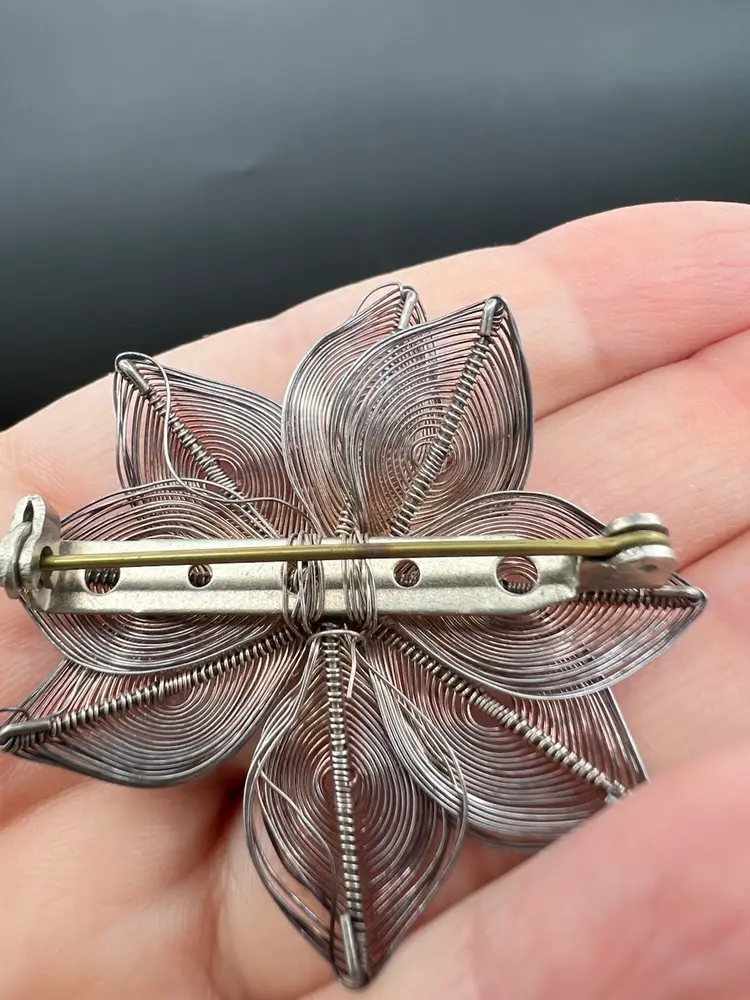 Sterling Silver Spun Wire Flower Brooch With Faux Pearls