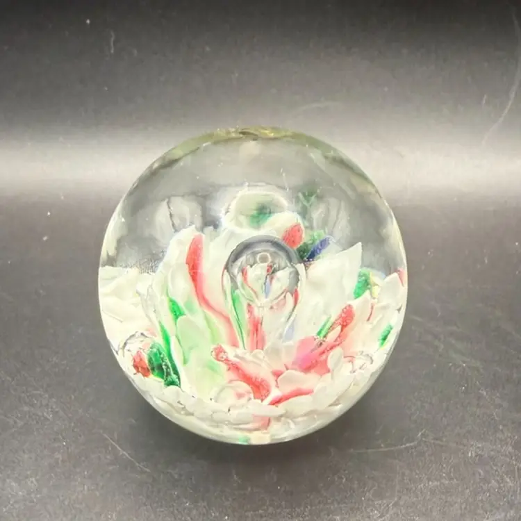Hand-Blown Art Glass Paperweight With Colorful Inclusions