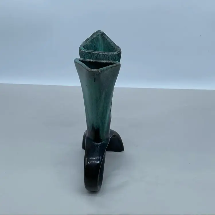 #0938 MCM Dual Loop Green Drip Glaze Vase