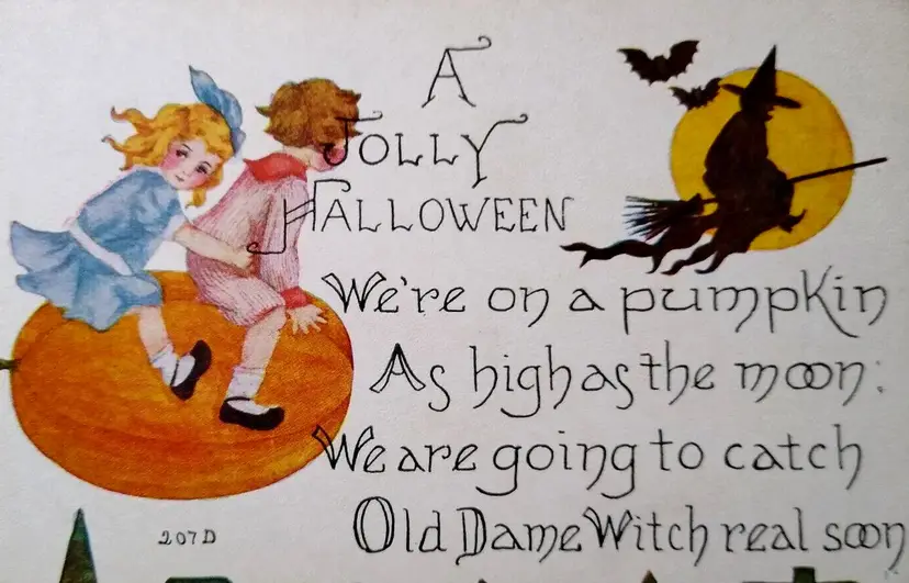 Halloween Postcard Children Flying On Pumpkin Air Craft Witch Moon 207 FA Owen