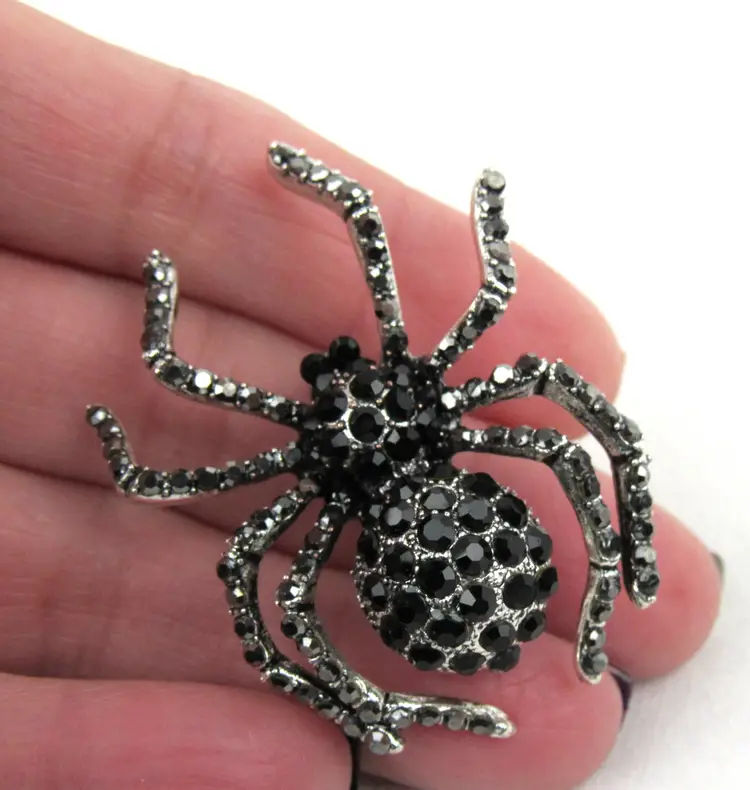 Black Rhinestone Spider Brooch Pin Vintage Halloween Gothic Silver Tone 2"