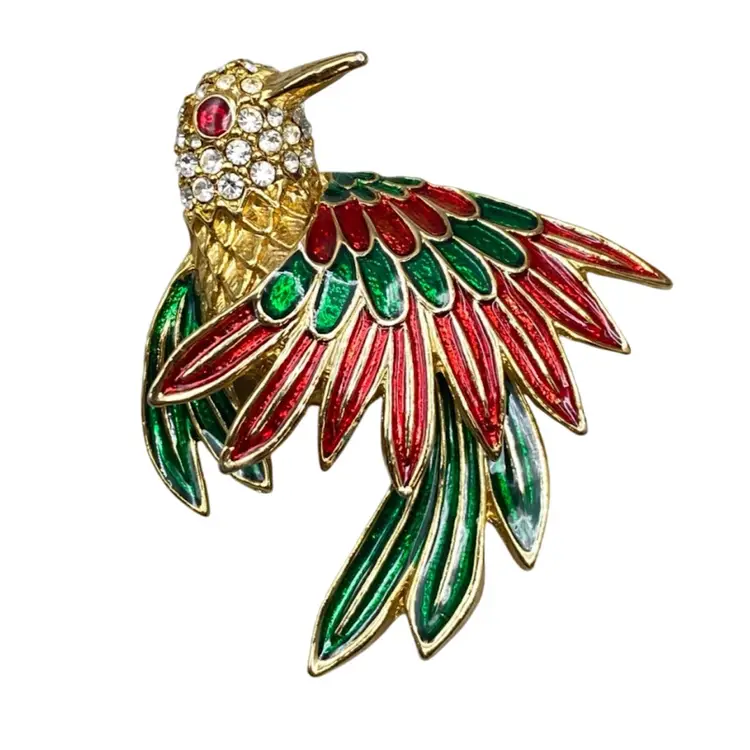 Vintage D Orlan Humming Bird Brooch Gold Tone Enamel Rhinestones Colorful
