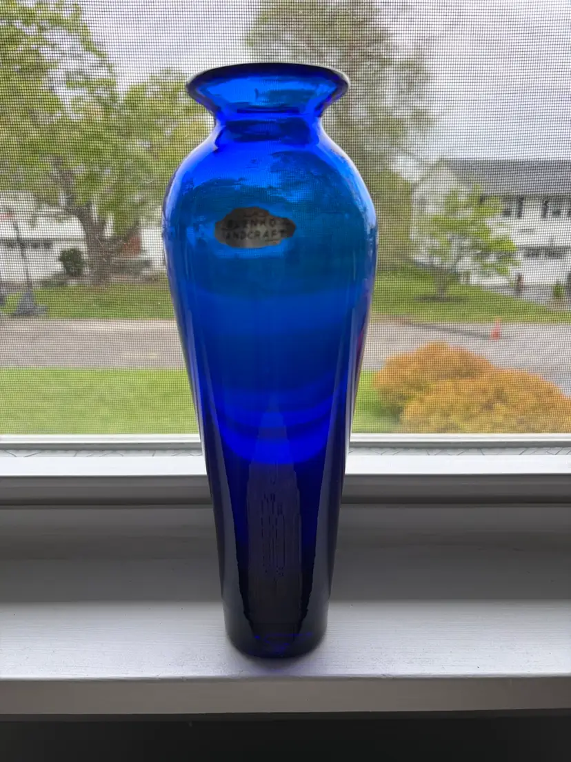 Vintage Blenko Handcraft Cobalt Blue Glass Vase 10”  MCM