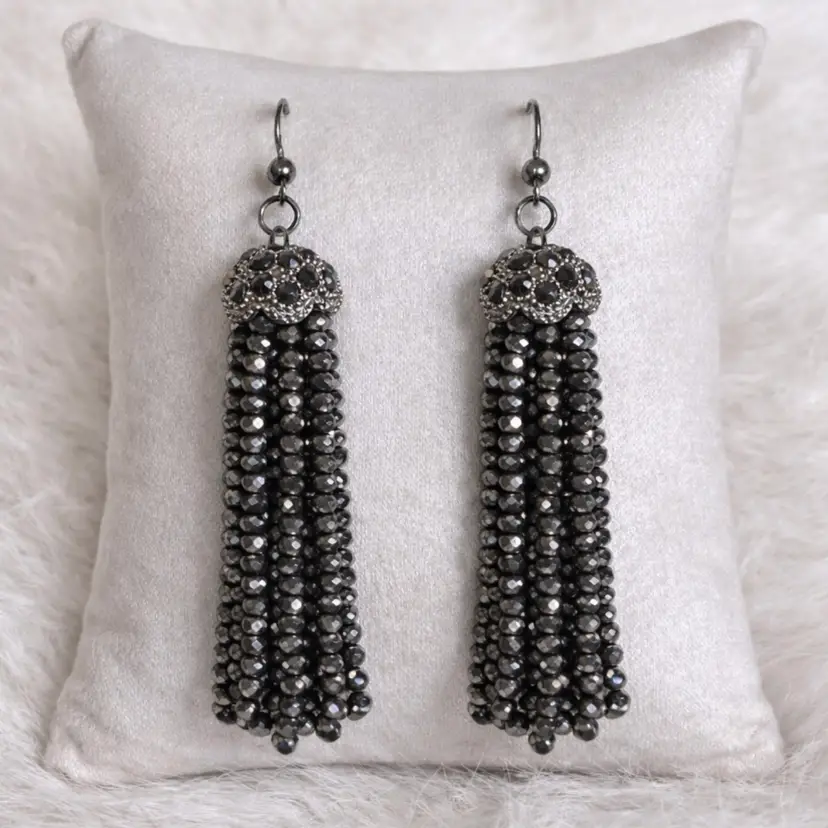 Black Beaded Tassel Earrings Gunmetal Gray Crystal Fringe Statement Dangle
