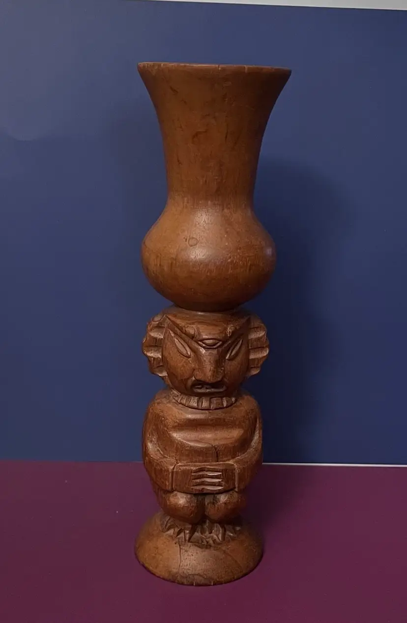 Vintage Hand Carved Wood Tiki Tribal 10” Candleholder