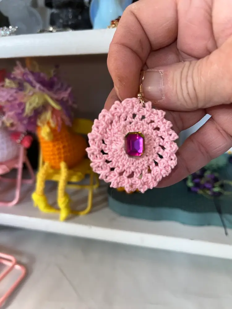 Made By Me Pink Crochet Earring With Pink Watermelon Rhinestone
