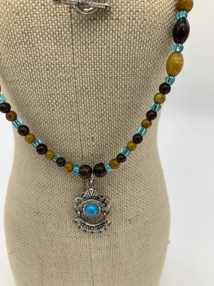 Handcrafted Boho Navajo Necklace 24” With Brown Tan Turquoise Beads & Pendant