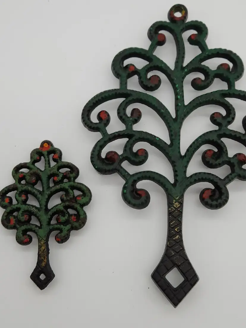 PAIR of Vintage Wilton Wrought or Cast Iron Trivets Apple TREE Design & MINI ME