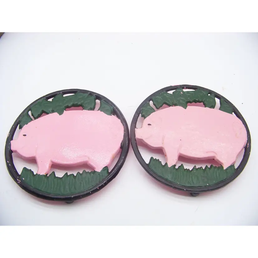Vintage Set of Two Cast Iron Pink and Green Pig Trivets