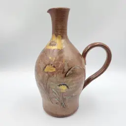 Tout Fait Main Entirely Hand Made French Pottery Long Neck Jug With Handle With Gold Flowers Signed CM
