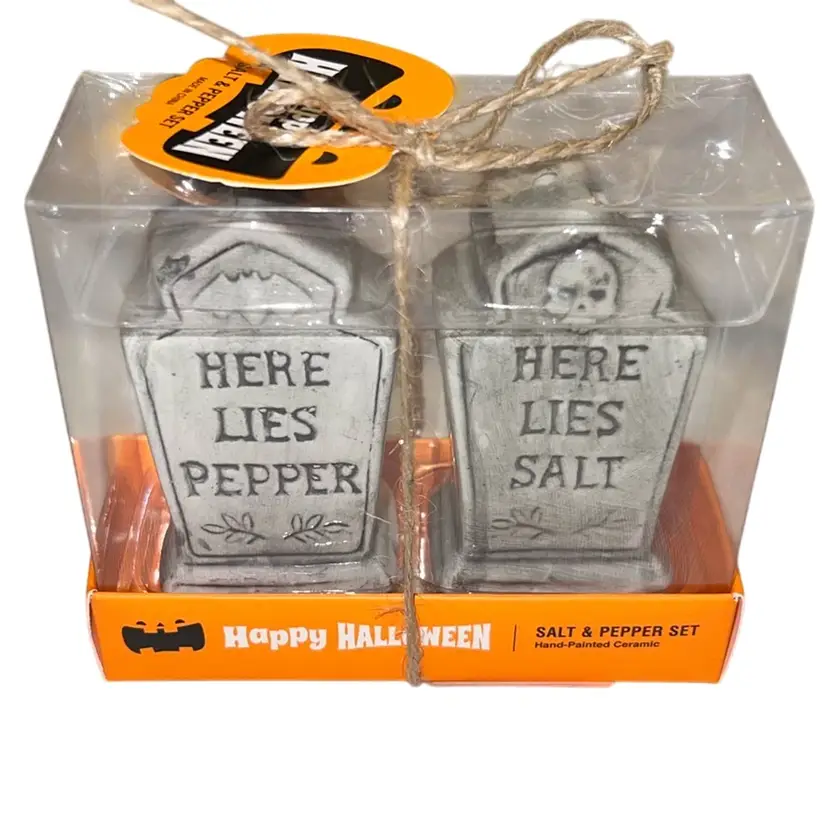 New Happy Halloween Salt & Pepper Shakers Here Lies Pepper & Here Lies Salt