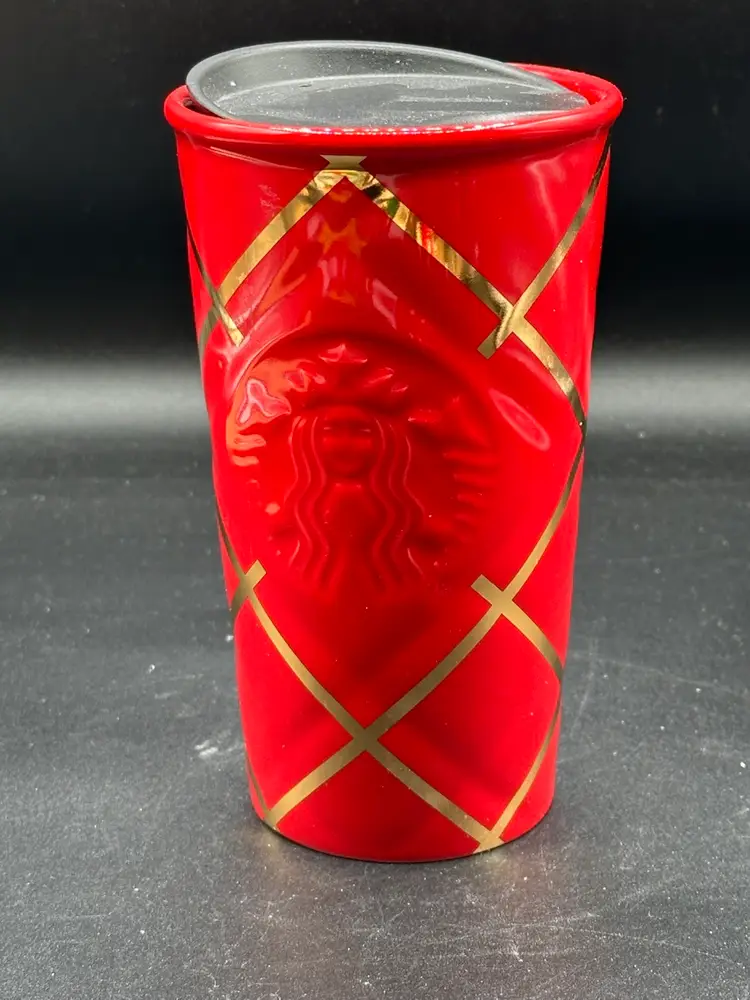Starbucks 10oz Ceramic Travel Christmas Mug Tumbler Coffee Cup 2016 Red & Gold