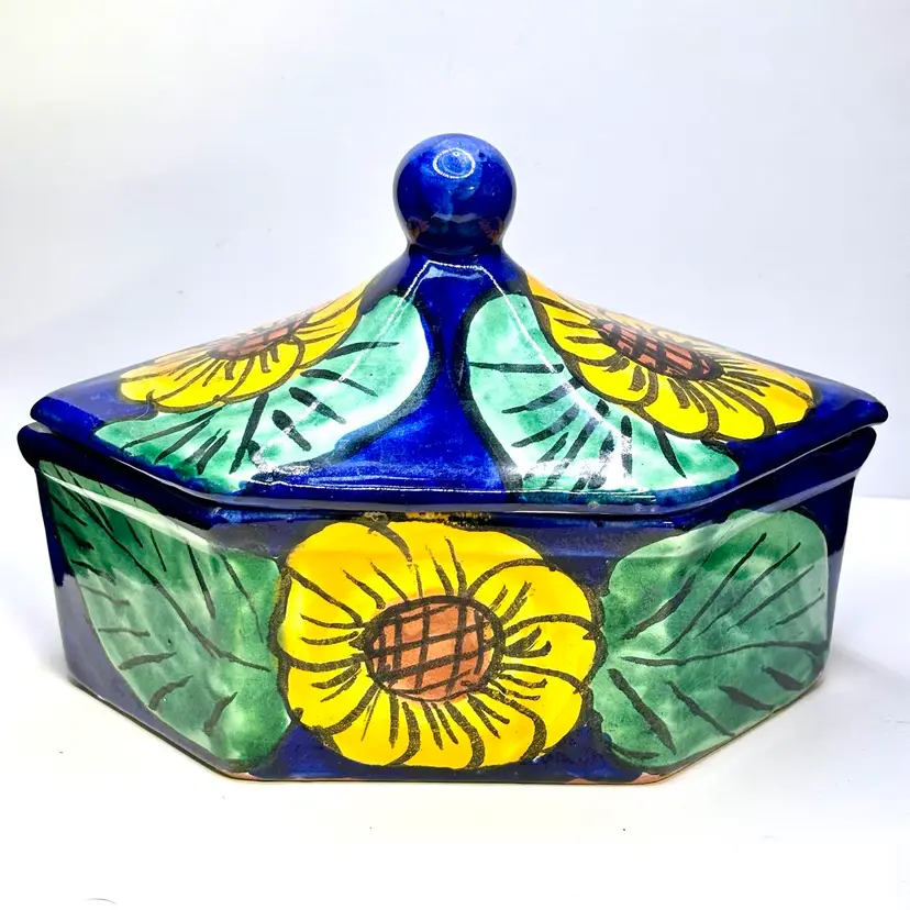 Blue with Sunflowers Lidded Dish Red Clay Pottery 5.5”