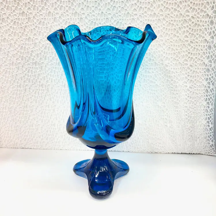 Vintage Viking EPIC DRAPE Vase Bluenique Footed 3 Toe Pedestal Blue Flared Swung Glass 10"