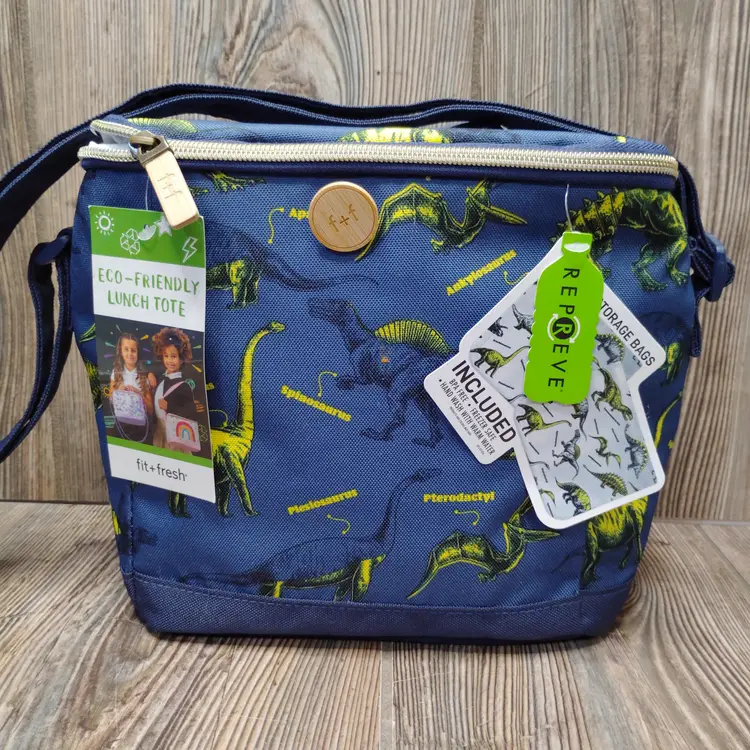 FIT & FRESH Insulated Lunch Bag Dinosaurs Blue & Storage Bags x2 Eco-Friendly
