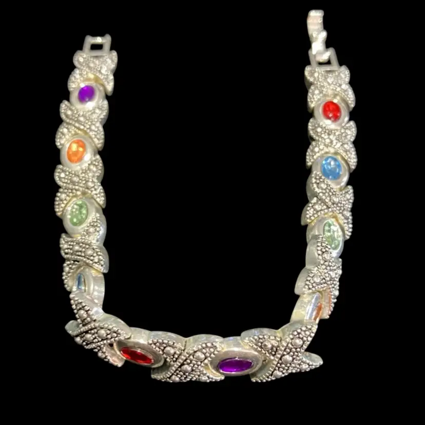 Vintage X&O Style Silver Tone Multi Colored Stone Bracelet 7”
