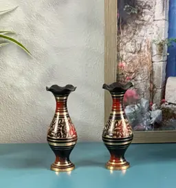 2- Solid Brass Flower Vase Hand Etched w/ Enamel Design Made in India