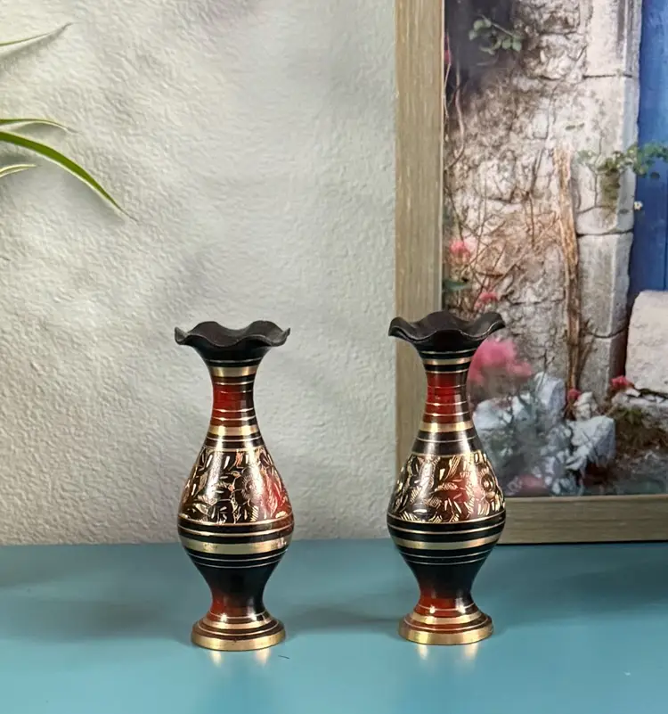 2- Solid Brass Flower Vase Hand Etched w/ Enamel Design Made in India