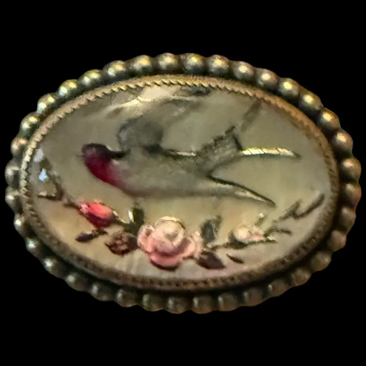 Antique Victorian Mourning Swallow Reverse Painted Glass Dome Pin Brooch 1.5”