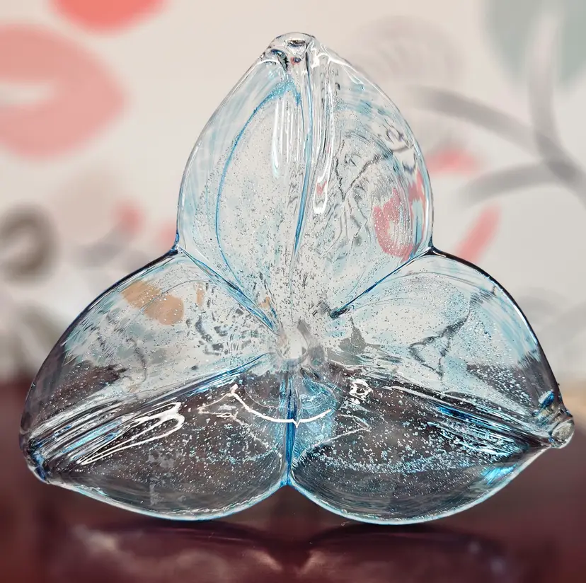 Murano Style Italian Hand Blown Glass Blue Iris Flower w/ Stem Decor