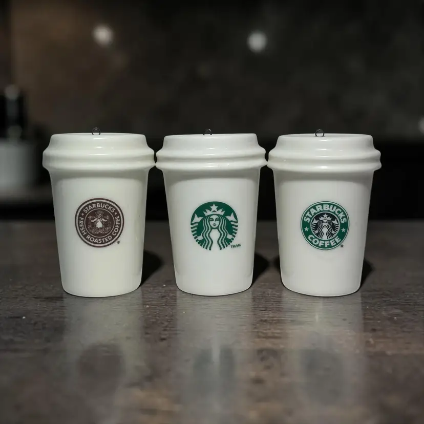 3 Starbucks Ceramic Coffee Cup Mini To-Go Cup Ornament Logo 1971 1992 2011