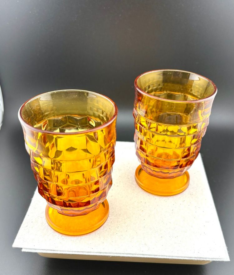 Vintage Set Of 2 Amber Footed Juice Glasses 3.75” Tall x 2.5” Wide