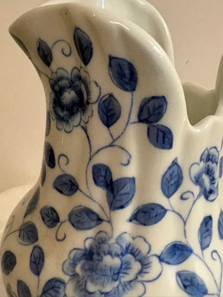 Vintage Andrea By Sadek Cobalt Blue White Ceramic Floral Butterly Small Pitcher