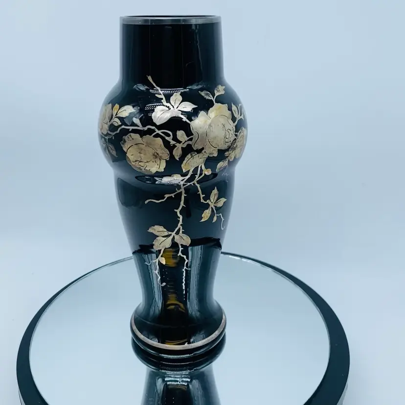 #0602 Black Glass Vase With Floral Silver Overlay Decor